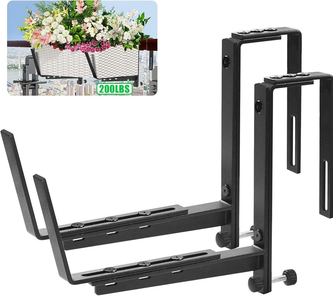 Heavy Duty Window Box Brackets, Adjustable Flower Planter Box Brackets for Railings & Walls, 5mm Reinforced Brace, Enhanced Bottom Support for Balconies, Fences, Gardens, 200LB CAP(2 Packs)