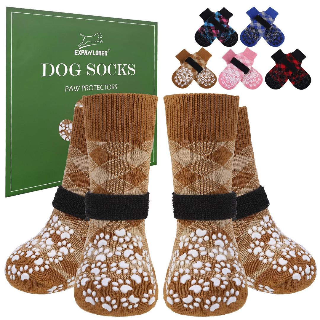 EXPAWLORER Dog Socks for Cold Winter Snow to Prevent Licking Paws, Anti Slip Doggie Booties Grippy Shoes for Hardwood Floors, Boots & Paw Protectors for Small Medium Large Senior Dogs Khaki L