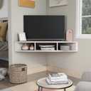 24/7 Shop at Home French 47 inch Modern Floating TV Stand with Storage, Floating Corner Shelf for Wall, Wood Entertainment Center with Shelves for Living Room, Bedroom, Family, White Oak