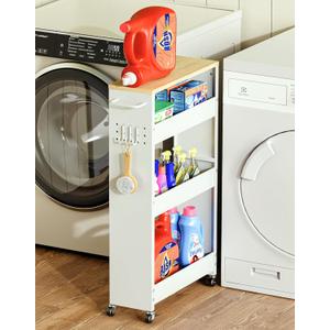 Utility Slim Storage Cart, 4-Tier Narrow Laundry Room Bathroom Organizers and Storage Cart, Metal Pantry Kitchen Organization Shelf with Wood Top, Slim Rolling Rack with Wheels for Small Space (White)