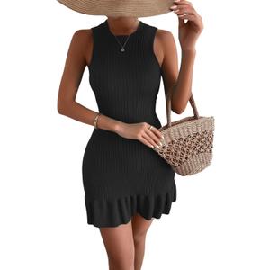 MakeMeChic Women's 2025 Summer Dress Casual Crochet Ribbed Knit Ruffle Hem Sleeveless Bodycon Tank Mini Dresses (Medium, Black)