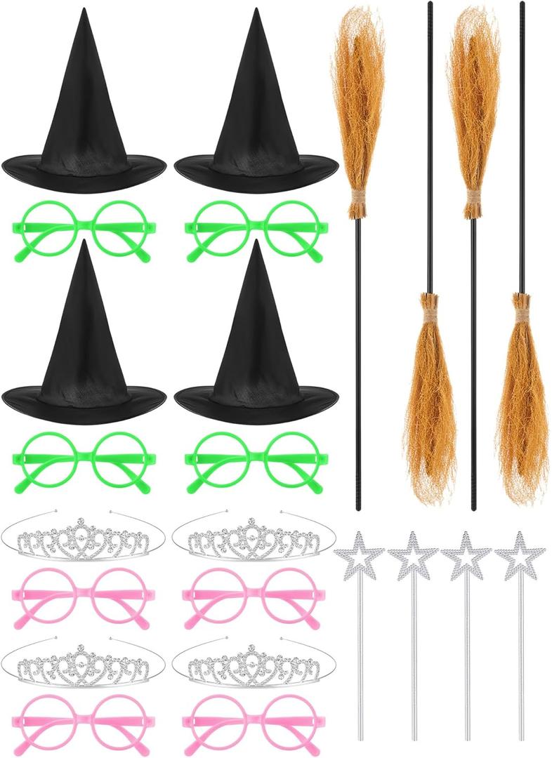 Maiteenly 24 Pcs Halloween Wizard Party Decoration Pink Green Glasses Witch Hat Broom Crown Pentagram Star Wand Princess Party Favor