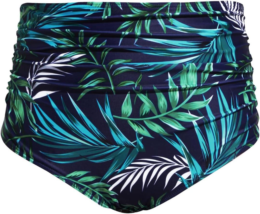 Tempt Me Women High Waisted Bikini Bottom Retro Ruched Swim Bottom Shirred Tankinis Brief (X-Large, Green Leaves)