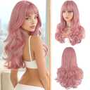 Haloo Pink Wigs with Bangs Long Wavy Layered Haircut Natural Looking Fluffy Synthetic Heat Resistant Hair Wig for Women Daily Party, 24 Inch
