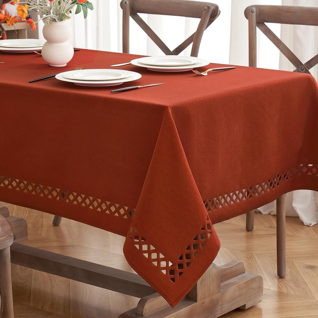 MIULEE Beige Thick Polyester Linen Rectangle Tablecloth Decorative Cutouts Waterproof Stain and Wrinkle Resistant Table Cloth Burlap Farmhouse Table Cover for Dining Party Wedding, 55 x 84 inch