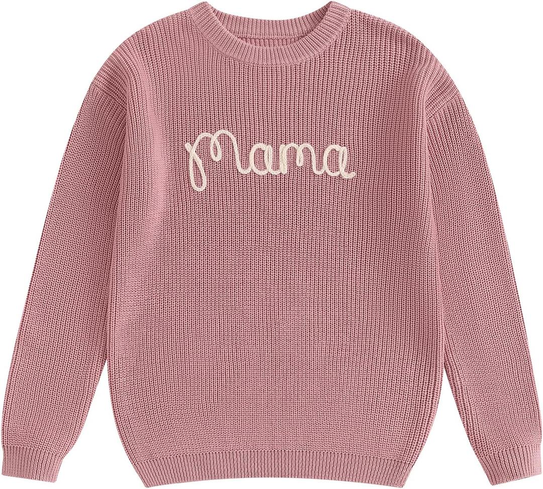 Family Matching Outfits Mommy and Me Cute Letter Embroidery Crew Neck Long Sleeve Sweater Top (Pink) Small