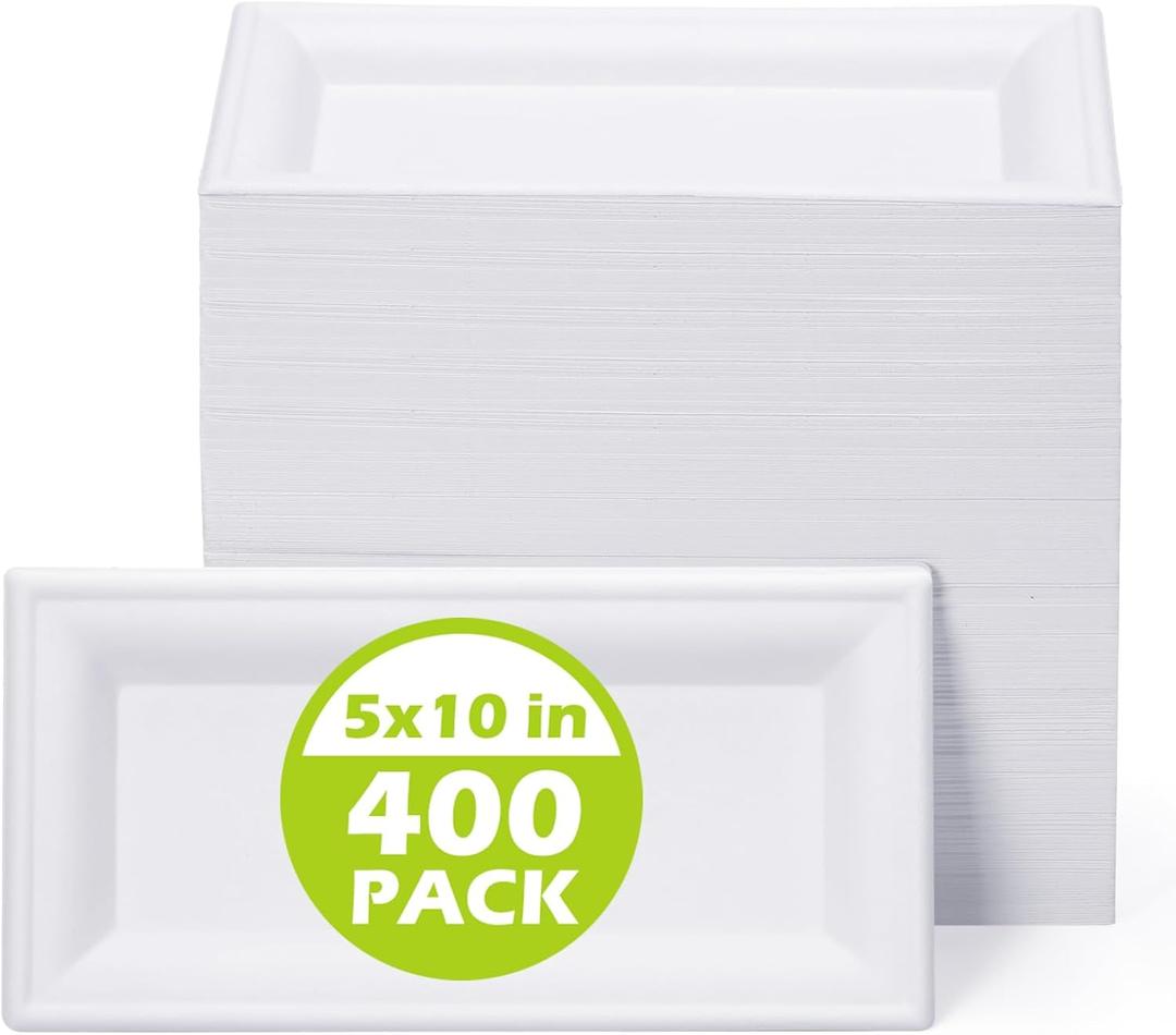 Tanlade 400 Pcs 5 x 10 Inches Disposable Rectangle Plates Bulk Serving Platter Heavy Duty Rectangular Sugarcane Bagasse Fiber Plates Compostable Trays for Outdoor Indoor Picnic Birthday(White)