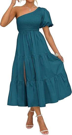 ZESICA Women's Boho Summer One Shoulder Short Sleeve Smocked Side Split Ruffle Swing Midi Dress (Large, Green)