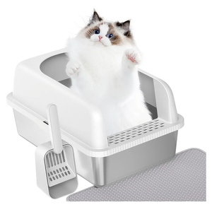 Prodigen Stainless Steel Cat Litter Box with Lid High Wall Sides Enclosure, Non-Sticky, Anti-Leakage, Easy Cleaning, with Cat Mat & Metal Scoop, 19.6" L x 14" W x 12" H