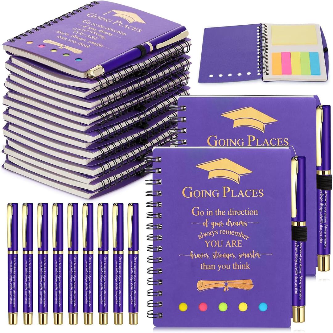 Dinifee 30 Set 2026 Graduation Gift Bulk Inspirational Spiral Journal with Sticky Note Motivational Pen Thank You Notebook Gel Pen Gift for Student Teacher College Graduate Party Favor (Purple)
