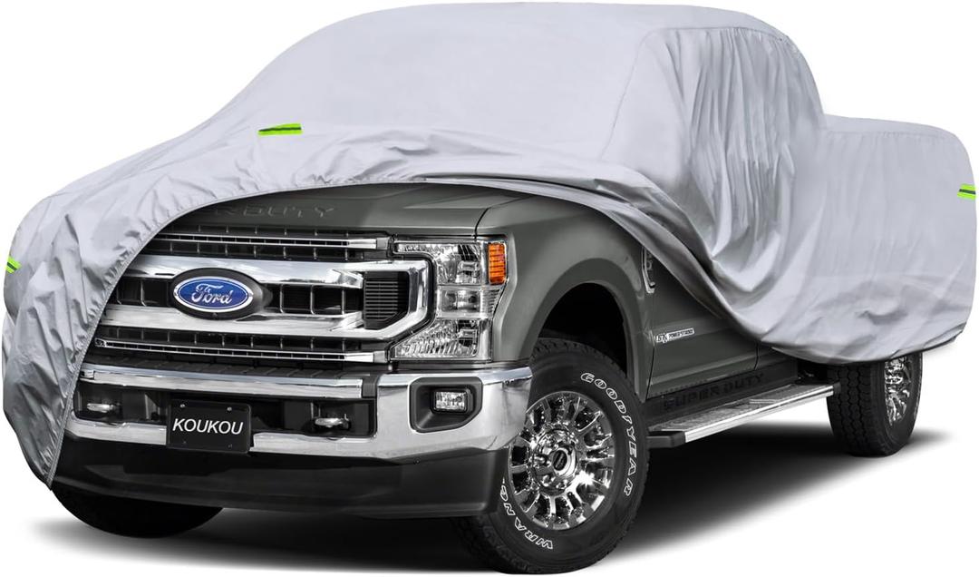KouKou Large Truck Cover Waterproof All Weather, 6 Layers Full Pickup Cover, Universal Fit Chevy Silverado GMC Sierra 2500HD 3500HD Ford F250 F350 RAM 2500 3500. (250-262 inch Length, 9ft Bed) XXXL. KouKou Large Truck Cover Waterproof All Weather, 6 Layers Full Pickup Cover, Universal Fit Chevy Silverado GMC Sierra 2500HD 3500HD Ford F250 F350 RAM 2500 3500. (250-262 inch Length, 9ft Bed) XXXL.