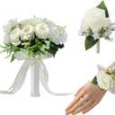 Meldel Ivory Wedding Bouquets for Bride Bridesmaid with Corsage and Boutonniere Set, 8 Inch White Champagne Artificial Roses Flowers Bridal Bouquet for Wedding Church Decoration,Ceremony, Anniversary