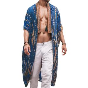 SEAUR Men's Lightweight Kimono Robe Casual Open Front Long Cardigan Summer Loose Half Sleeve Beach Shawl (X-Large, Blue)