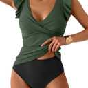 Tankini Swimsuit for Women Tummy Control Two Piece Bathing Suit Ruched Ruffle Swimwear Top with Bottom (Large, Army Green and Black)