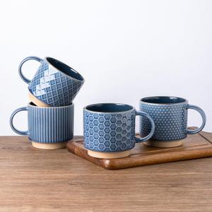 GBhome 15OZ Stackable Coffee Mugs, Ceramic Coffee Cups with Texture Patterns for Man,Woman,Dad,Mom, Modern Mugs Set of 4 for Latte/Cappuccino/Cocoa. Dishwasher&Microwave Safe, Blue