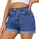 VIPONES Denim Shorts Women Stretchy High Waisted Fold Hem Jean Shorts 3.5 Inch Inseam Casual Summer Hot Shorts (Blue, L)