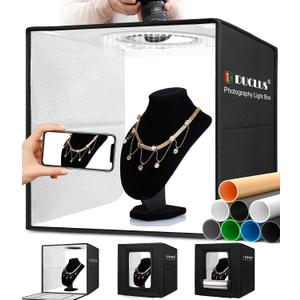 Light Box Photography, 16x16 Inch Photo Light Box with 160 Dimmable LED Lights (CRI 97+), 6 PVC & 2 Paper Backdrops, Portable Studio Box for Product Photography: Jewelry, Food, Shoes