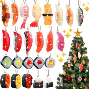 24 Pcs Christmas Sushi Ornaments Set with Gold Ropes Xmas Sushi Roll Hanging Decorations Fun Themed Ornament Food Ornament for Tree Home Garden Christmas Holiday Party Decor