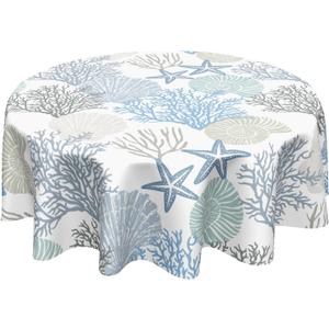 Nautical Coastal Round Tablecloth 60 Inch Summer Blue Ocean Coral Starfish Seashell Print Table Cloth Beach Theme Washable Polyester Table Cover for Kitchen Dining Room Party Indoor Outdoor Home Decor