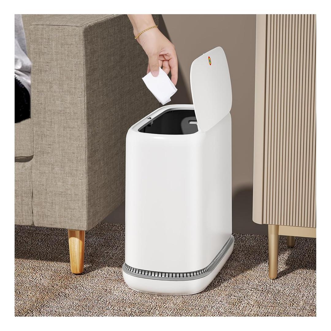 MOPALL Bathroom Trash Can with LidVacuum Adsorption 3 Gallon Slim Garbage Can with Press-Top Lid, Waterproof Trash Bin White Plastic Small Waste Basket for Bathroom, Office, Bedroom, Living Room