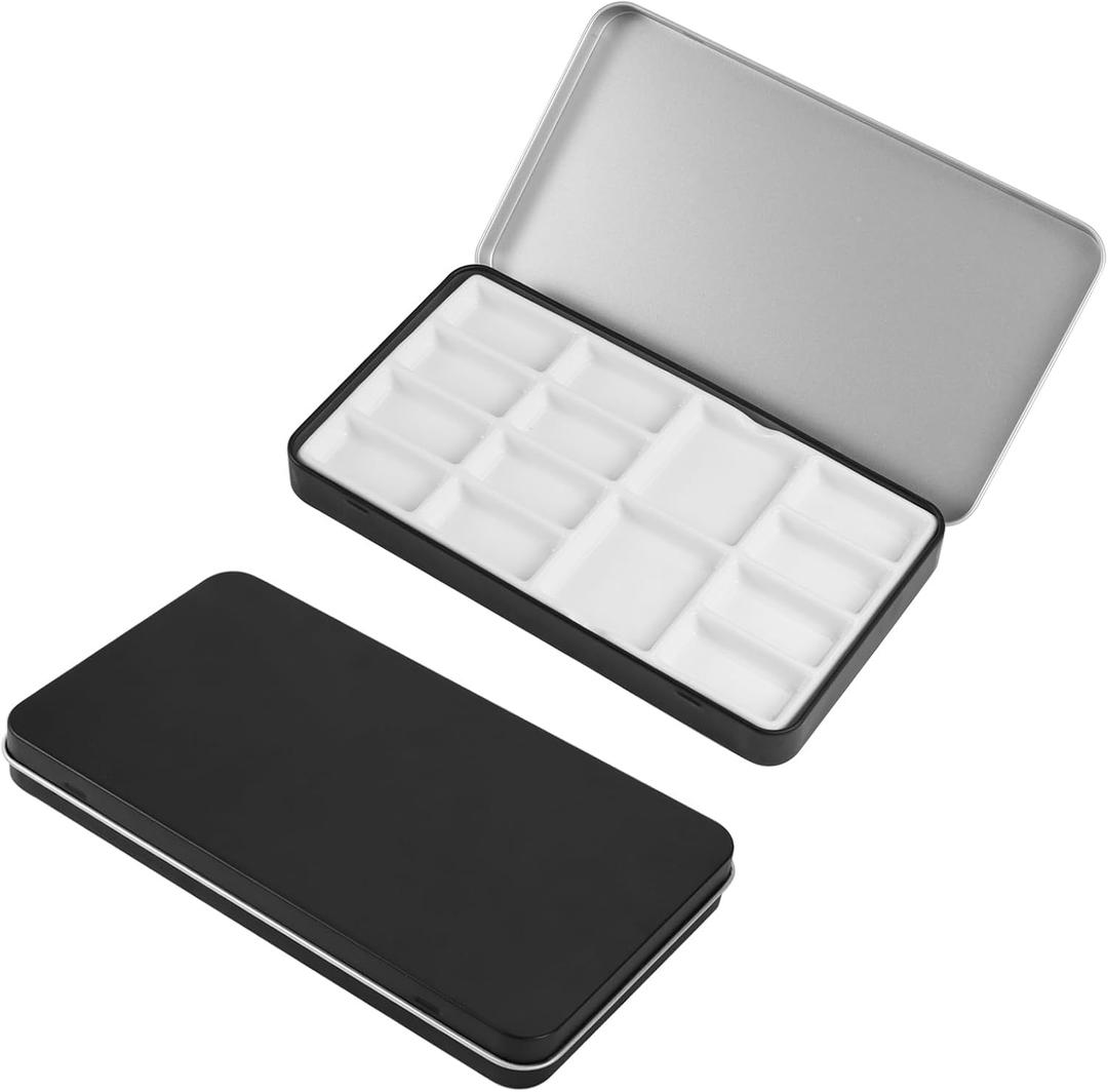 Travel Watercolor Palette,Portable Ceramic Palette with 14 Well,Metal Paint Box with Porcelain Palette(Blak Box) (Black)
