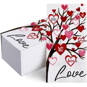 100 PCS Valentines Day Tree Disposable Paper Napkins, Red Pink Love Hearts Bathroom Hand Towels Decorative Dinner Guest Napkin, Anniversary Wedding Kitchen Dinning Table Party Decor 8x4 Inches