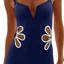 Womens One Piece Boyleg Swimsuit V Neck Swim Romper with Short Legs Side Cutout Floral Full Coverage Tummy Control, Small