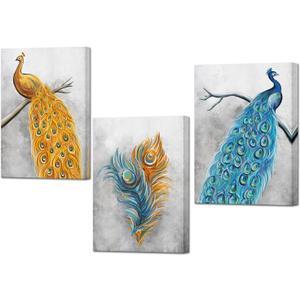 DuoBaorom Feather Picture Peacock Print on Canvas Yellow Blue Wall Art 12x16 inches