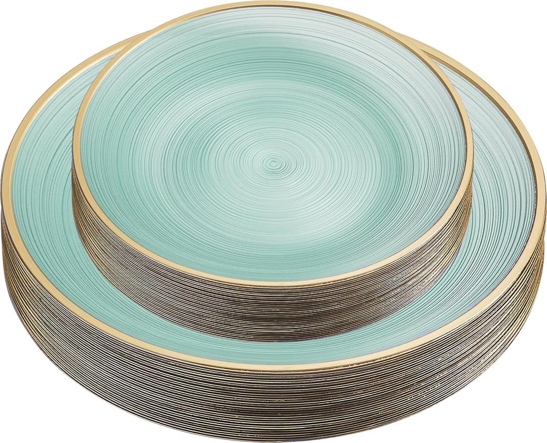 PLASTICPRO 64 Pieces Crystal Design Plastic Plates Combo Pack 7 inch and 10 inch Gold Rim Elegant Disposable Plates, Transparent Green