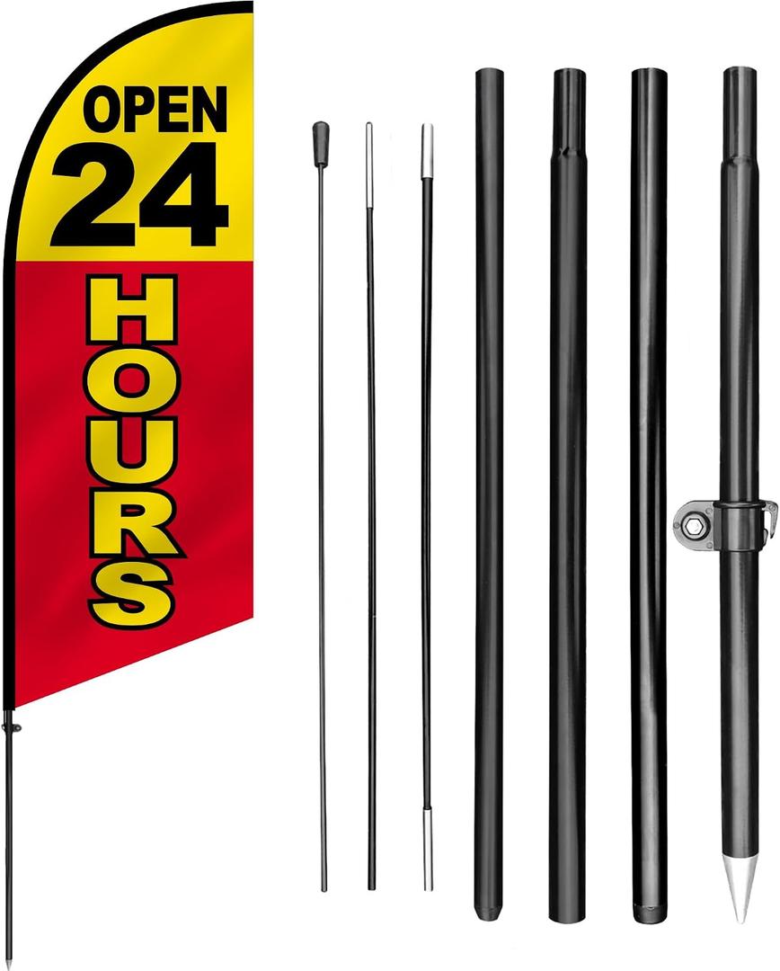 Anley 7.5 FT Open 24 Hours Feather Flag Banner Kit - Outdoor Swooper Advertising Flags with Pole and Stake - Business Hours Sign for Stores, Restaurants, Gas Stations - Weather Resistant & Easy Setup