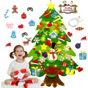 Felt Christmas Tree for Toddlers,Felt Toddles Christmas Tree for Kids DIY Christmas Decorations,3.2 ft DIY Wall Hanging Xmas Decor with 32 Ornaments & LED Lights Parent Child Interactive