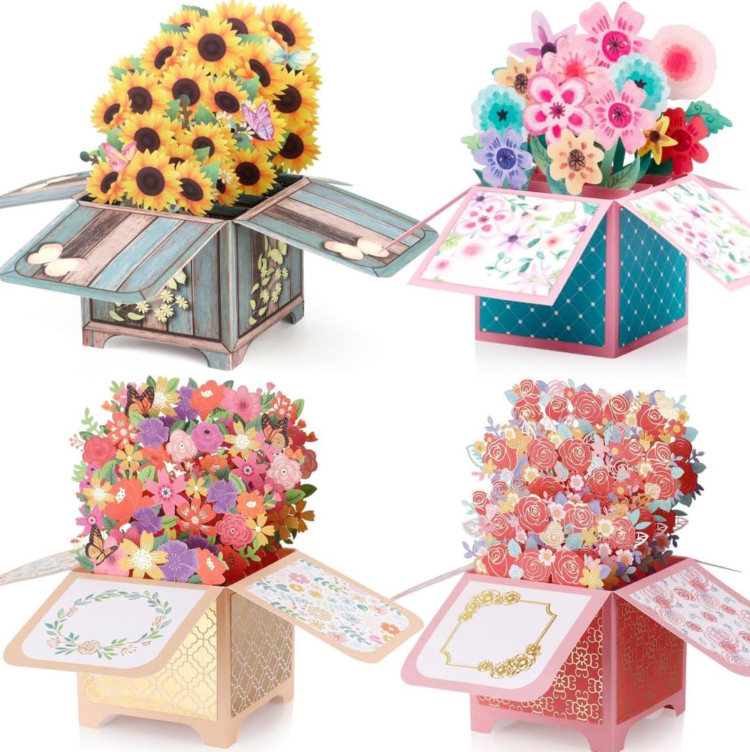 Giiffu 4 Pack Pop Up Flower Bouquet Cards, 3D Floral Greeting Cards with Envelopes & Notes, Pop Up Birthday Cards for Women, Mothers Day Cards, Thank You, Get Well, Thinking of You, All Occasion