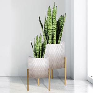 ARNIS Plants Pots with Stand, Set of 2 Indoor Planter Pots, Unique Mid Century Decorative Metal Flower Pots with Drainage,8.25 & 10.5 Inch, Grey and White