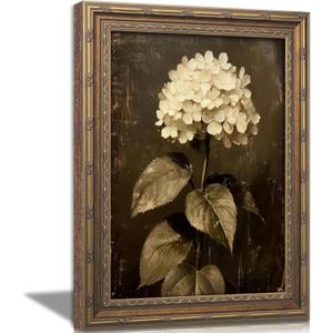Vintage Gold Framed Floral Canvas Wall Art Retro White Hydrangea Flower Painting Picture Wall Decor Moody Botanical Flowers Poster Print Artwork for Living room Bedroom Home Decoration, 24"L x 16"W