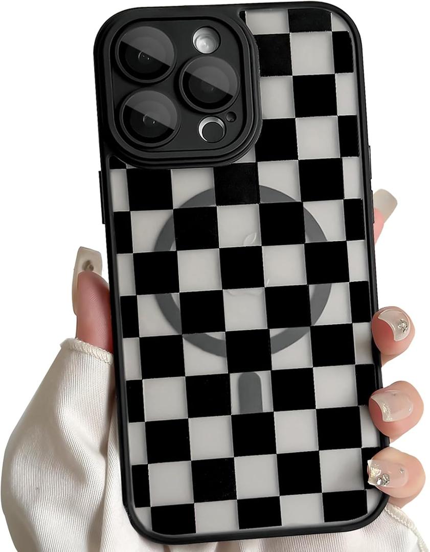 Lovmooful Magnetic Compatible for iPhone 15 Pro Max Case Compatible for MagSafe Cute Clear Checkerboard Lattice Plaid Design for Girls Women Soft TPU+PC Shockproof Protective Girly-Black