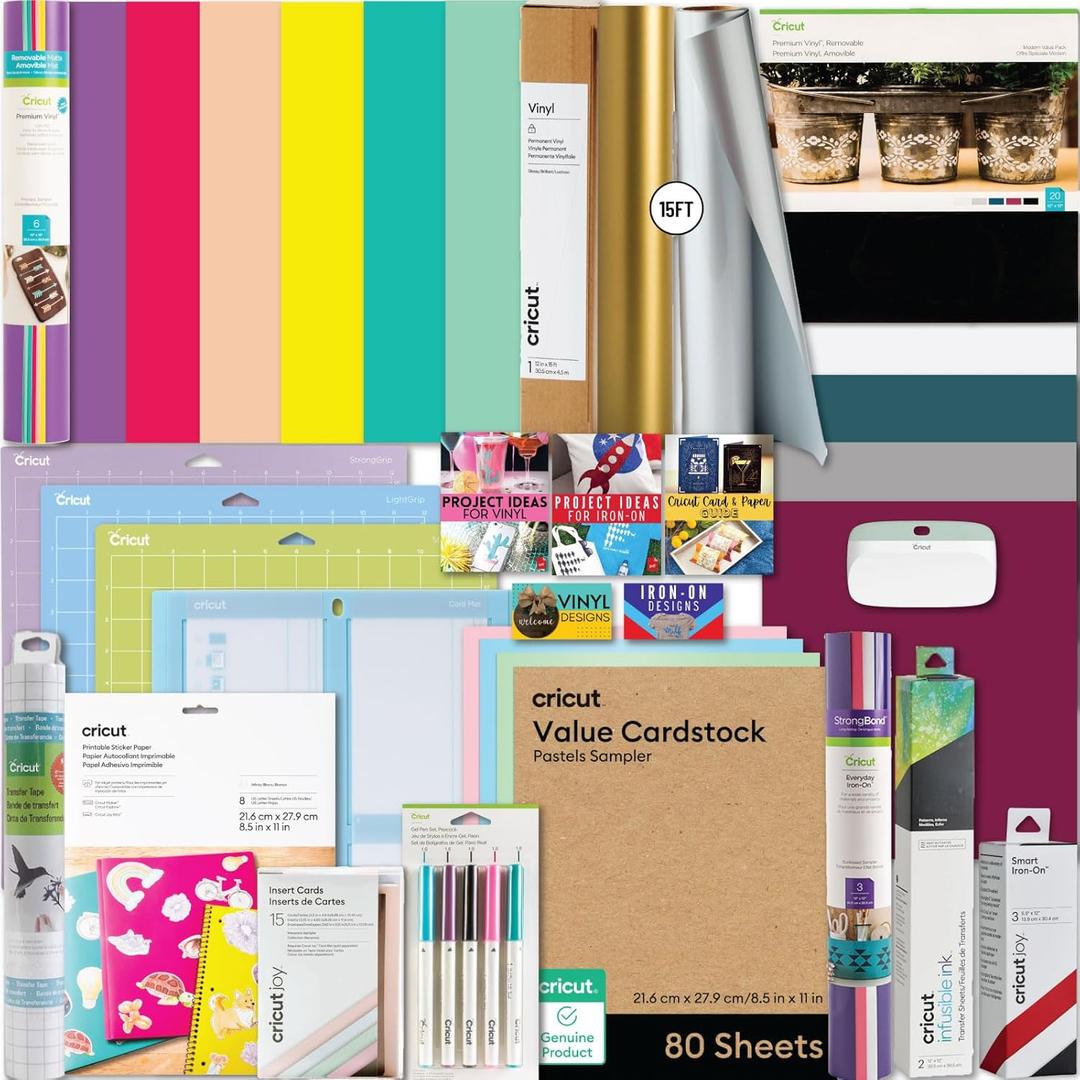 Cricut Ultimate All-in-One Materials and Accessories Bundle - 150+ Piece Beginner Sampler Material Kit for Cricut Explore Air and Maker Machines - Vinyl, HTV, Card Making Packs & Sticker Paper