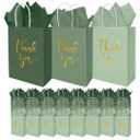 Whaline 30Pcs Sage Green Thank You Paper Gift Bags 3 Colors Mother's Day Gold Foil Thank You Party Favor Bags with Handle 40 Sheet Tissue Paper for Wedding Birthday One Lucky Duck Party Gift Wrapping