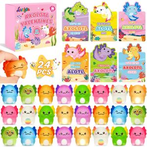 Valentine's Day Gifts for Kids School, 24 Packs Axolotl Squishy Toys Bulk with Valentine's Day Card for Classroom Exchange Party Favors, Fidget Squishy Toys Slow Rise Squishies for Boys Girls