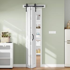 Bifold Barn Door 28 x 84 in (Double 14 inch)Bi-fold Sliding Closet Doors with Hardware Track kit Included, 2.8ft Rail for 2 Doors,Save Space,MDF Wood Panel,PVC Surface,DIY Assembly, White