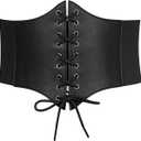 LEACOOLKEY Women Black Tied Waspie Belt, Lace-up Cinch Belt, Corset Elastic Waist Belt (Fit Waist Size 28"-31")