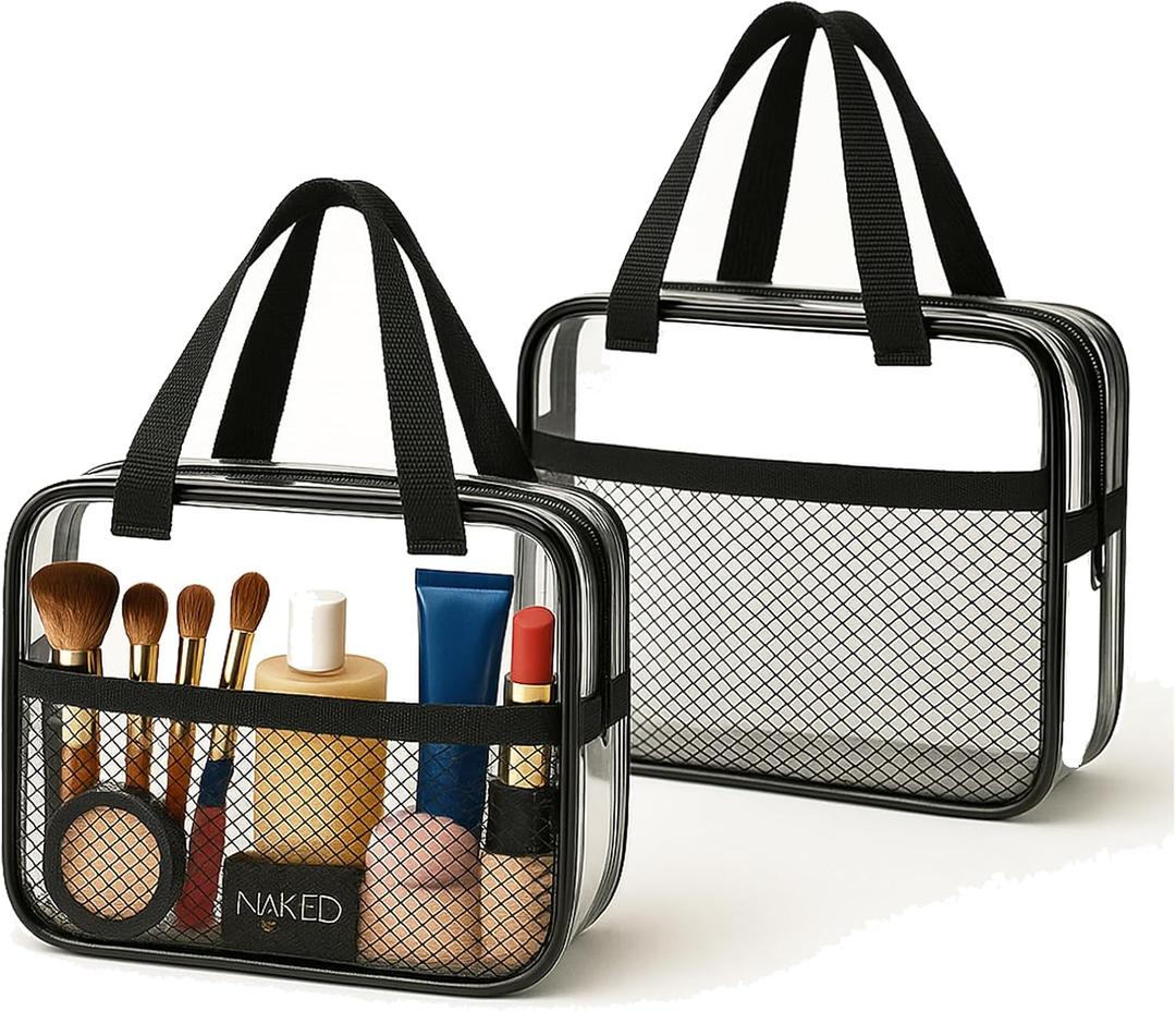 XEWEA 2PCS Middle TSA Approved Clear Travel Toiletry Bags for Men Women, Transparent Makeup Cosmetic Bag with Handle Zipper, Waterproof PVC Quart Organizer Pouch for Airport Airline Essential, Balck