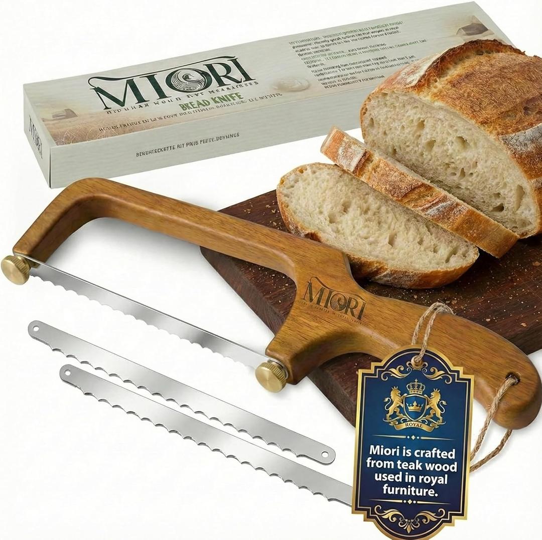 Miori Bread Slicer for Homemade Bread & Sourdough Bread Knife, Serrated Stainless Steel Blade, Wooden Handle for Even Slicing
