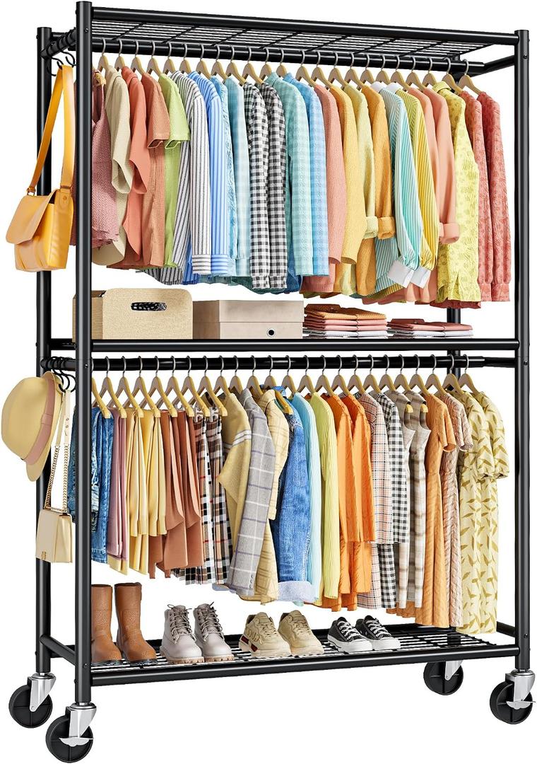 Sakugi Clothes Rack - Double Hanging Rod Clothing Rack with Wheels & Leveling Feet, Large Capacity Wardrobe Closet with Shelves for Bedroom, Laundry Room, Entryway, 45.2" x 12.6" x 80.7", Black