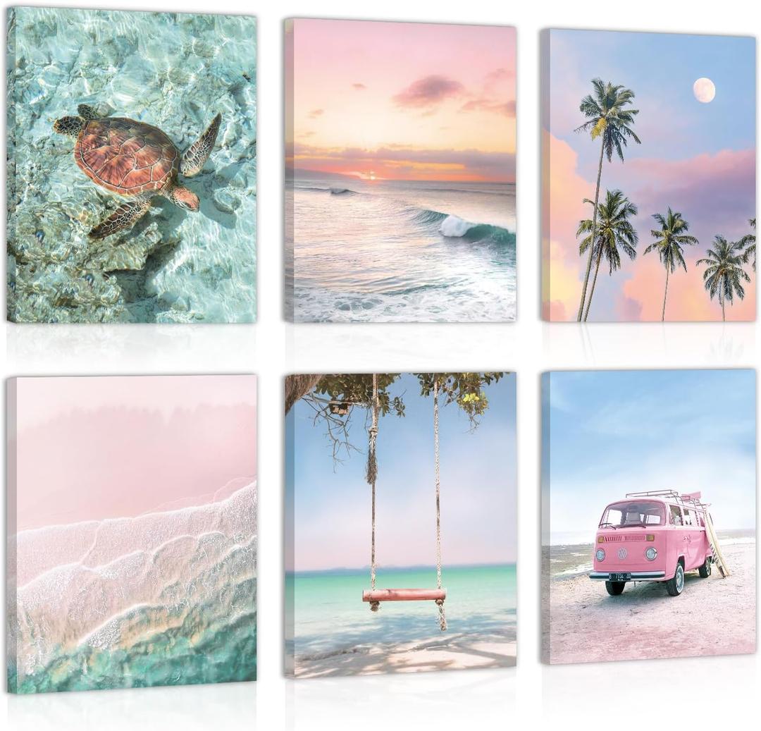 HPNIUB Beach Canvas Wall Art, Tropical Summer Ocean Coastal Posters, Set Of 6 Piece (8x10inch,Framed) Preppy Gallery Beachy Prints, Girly Coconut Tree Turtle Bus Room Decor, California Beachy Pictures
