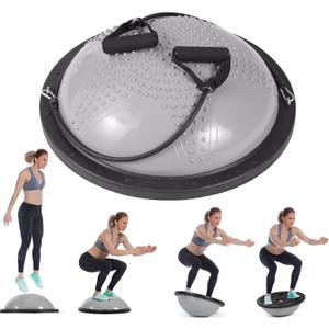 23" Gray Half Balance Ball with Foot Pump & Resistance Bands Trigger Point Bumps 400LBS Capacity Balance Ball Half Trainer for Home Gym Yoga Pilates Physical Therapy