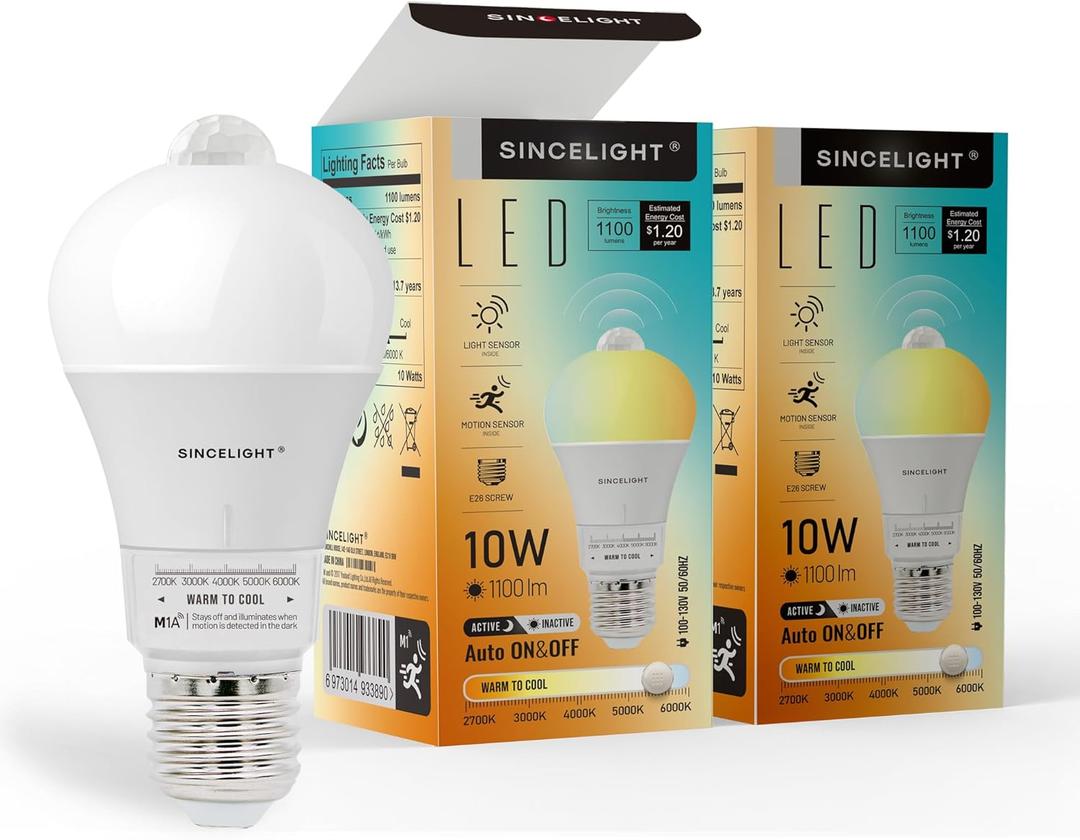 Motion Sensor LED Light Bulb 9W with E26 Base, PIR Motion-Activated in The Dark, Automatically ON/Off by Dual Sensors, 5 Color Temperatures Turnable, Pack of 2