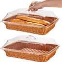 2 PCS Imitation Rattan Bread Baskets, 15.8 x 11.8 in Large Wicker Bread Baskets with Acrylic Lids, Rattan Food Serving Tray for Kitchens, Dining Tables, Restaurants