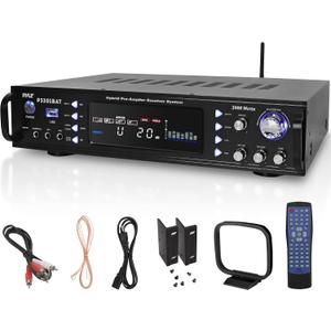 Pyle Wireless Bluetooth Home Stereo Amplifier- Hybrid Multi-Channel, 3000W Power Amplifier, Home Audio Receiver System w/ AM/FM Radio,MP3,USB, AUX, RCA, Karaoke Mic in, Rack Mount, Remote- P3301BAT.5