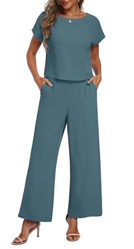 Lepunuo Summer Women’s 2 Piece Outfits for Women Pullover Crop Tops and Loose Wide Leg Pants Sets Lounge Matching Set Tracksuits L