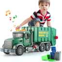 15" Large Garbage Truck Toy,Friction Powered Waste Management Garbage Truck with Lights and Sounds,3 Trash Cans, for Kids 3-5